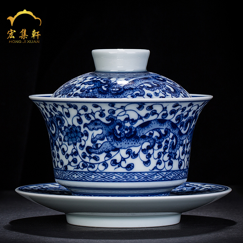 Hand made blue and white only three tureen large blue and white porcelain cups Chinese blue and white dragon wind restoring ancient ways people make tea bowl