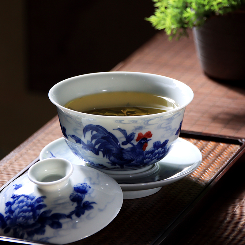 Checking out ceramic only three tureen tea bowl of jingdezhen blue and white youligong rooster tureen hand - made teacup tea set