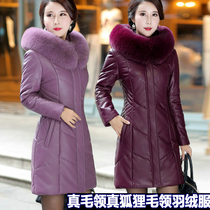 Haining winter leather down jacket female medium long size fox fur collar down leather jacket female sheep fur coat