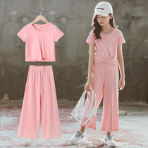 Girls Korean version of the net red sports suit 2021 new summer clothes childrens T-shirt wide-leg pants two-piece tide