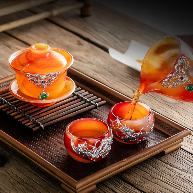 With vermillion agate coloured glaze kung fu tea set, informs jade porcelain large bowl covered bowl heat - resistant glass tea cups