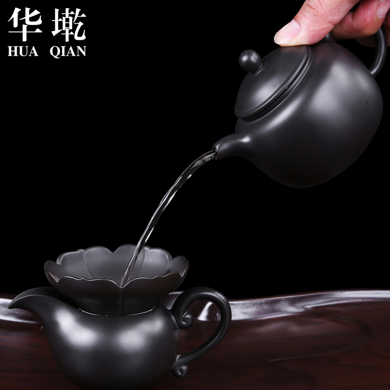 China Qian violet arenaceous kung fu tea set suit household black pottery yixing manual it a complete set of tea cups to wash the tea taking