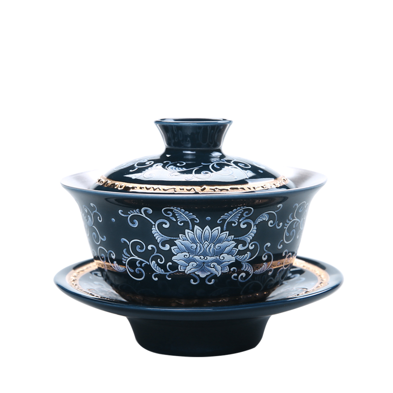 China Qian hand - made only three bowl of tea bowl of jingdezhen blue and white porcelain coppering. As silver tureen manual paint ceramic tea set)