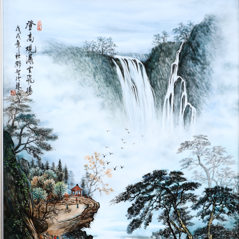 Jingdezhen hand - made painting Deng Zhi, head of background landscape wooden partition wall adornment guest dining room porch hang a picture