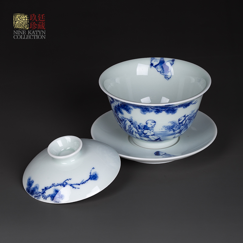 About Nine katyn checking ceramic tureen jingdezhen blue and white only three hand - made single bowl bowl of tea cup small kung fu tea set