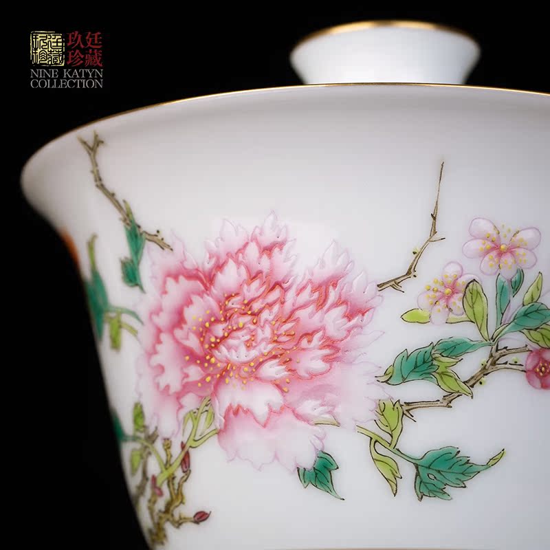 Nine at the pure manual hand - made tureen jingdezhen kung fu tea set a single white porcelain ceramic tea bowl bowl three cups