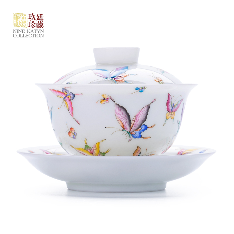 About Nine katyn colored enamel tureen jingdezhen manual hand - made butterfly kung fu tea tea cups all three bowl of individual