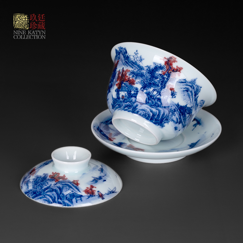 Three to nine katyn manual blue - and - white youligong tureen jingdezhen ceramic kung fu tea tea bowl cover cup