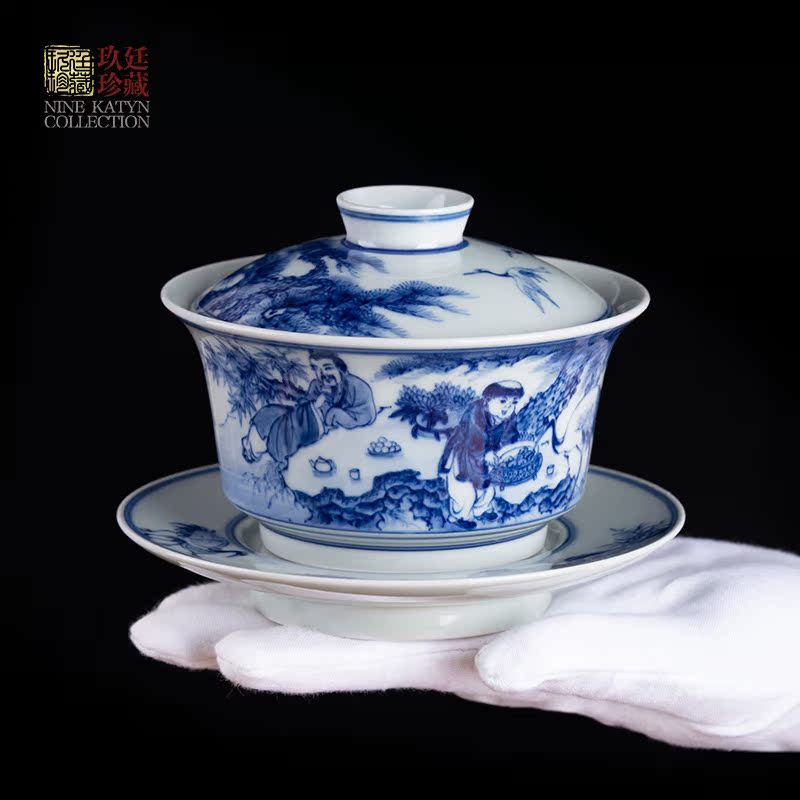 Nine at jingdezhen blue and white tureen hand - made kung fu tea tea tureen archaize large single pure manual three
