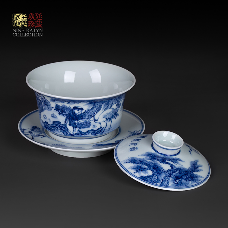 Nine at jingdezhen blue and white tureen hand - made kung fu tea tea tureen archaize large single pure manual three