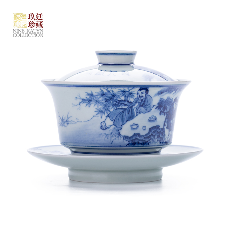 Nine at jingdezhen blue and white tureen hand - made kung fu tea tea tureen archaize large single pure manual three