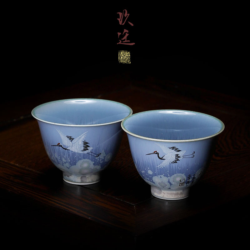 Jingdezhen ceramics by hand kung fu tea cups variable glaze glaze colored enamel crane, small single individual tea cups