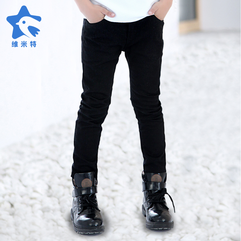 Boy black pants pure boy long pants children Furnishing body elastic small foot casual pants CUHK Scout thicken thickened