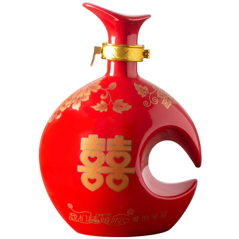 Jingdezhen ceramic wedding empty bottle 1 catty red Chinese knot, happy wedding banquet wine jar sealing liquor pot with you