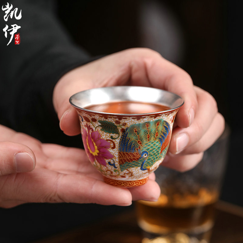 Silver wire inlay enamel color peacock tasted Silver gilding jingdezhen ceramic cup kung fu tea set sample tea cup tea master CPU