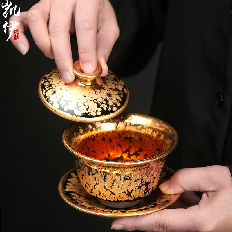 Build light oil droplets kung fu tea set tea set gold yellow marigold gold tea tureen suit with 24 k gold cup