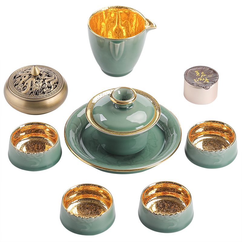Gold celadon kung fu tea set tea only three tureen jinzhan high - grade tea cups of a complete set of ceramic tea set