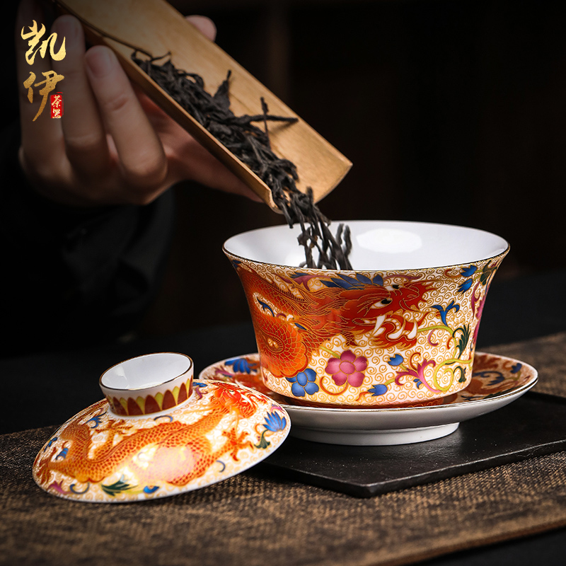 Enamel Mosaic gold dragon golden phoenix only three tureen jingdezhen ceramic cup bowl to bowl kung fu tea bowl