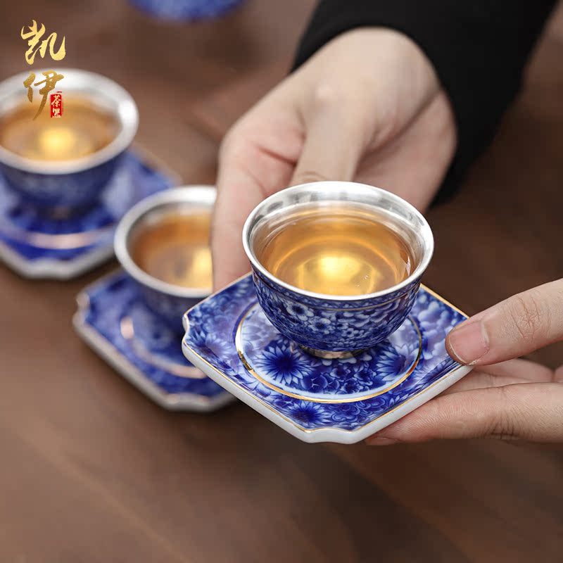 Very beautiful blue and white porcelain is tasted silver gilding kung fu tea set ceramic teapot silver tureen gifts office tea cups