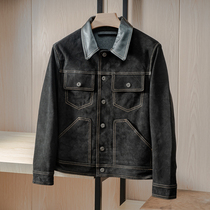 1 8KG mens imported headlayer Anti-suede leather splicing beauty Department click Bull Leather Leather Jacket Genuine Leather leather jacket