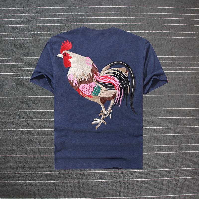 中国风潮牌刺绣公鸡图案短袖t恤男 夏季潮流鸡年贺岁纯棉圆领体恤_7折