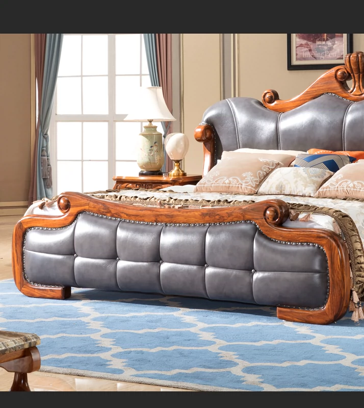 Giường gỗ Vũ Tân, giường phong cách châu âu, giường đôi chạm khắc toàn bộ bằng gỗ nguyên khối, biệt thự cao cấp kiểu mỹ tầng 1 nội thất giường lưu trữ da - Giường