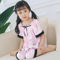 Summer childrens treasure simulation silk short-sleeved embroidery pajama suit Chiffon edge silk short-sleeved pants home clothes