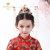 Ancient hair accessories tassel Super fairy children Xiuhe clothing set headdress tassel girl Hanfu red costume phoenix crown