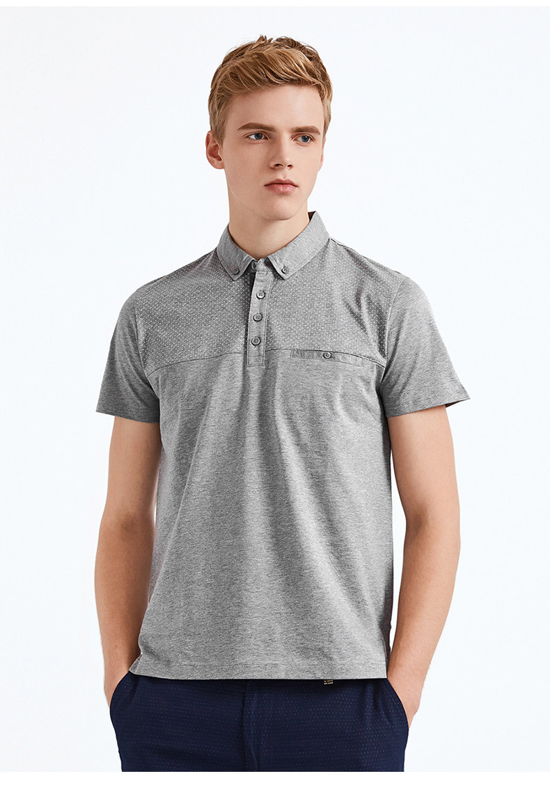 baleno班尼路 休闲波点印花拼接保罗衫 纯棉翻领短袖t恤男