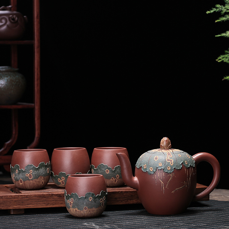 Yixing it tea undressed ore purple clay mud painting manually kung fu tea sets tea pot teapot tea cups