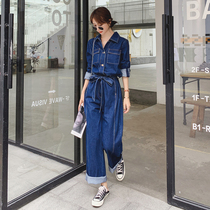 ins Korean loose casual long sleeve denim jumpsuit women Spring and Autumn new waist slim overfitting