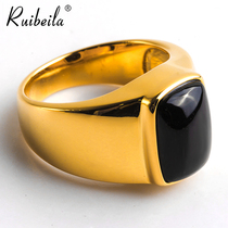 ruibeila European and American fashion personality 18K gold black agate ring low-key atmosphere gold Food ring Street tide
