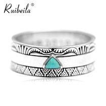 ruibeila925 silver Indian gem turquoise ring personality mens and womens retro wide pasta finger ring ring