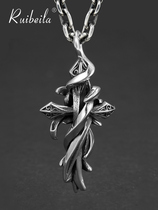 ruibeila vintage cross pendant necklace male Thai silver hip hop tide men pendant European and American punk silver necklace cool
