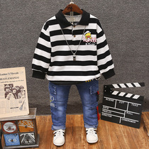 Boy Clothing Boy Striped Wear Korean version CUHK Tong Xiaoducks printed undershirt CUHK child children turn over blouses