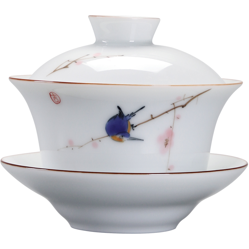 White porcelain three 300 ml cup tureen large kung fu tea set suit household ceramic accessories hand - made to bowl