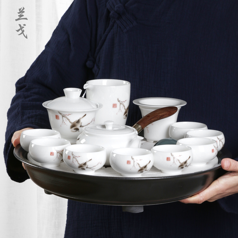 Blue gold mineralization white porcelain kung fu tea set household tureen ceramic tea cups accessories large teapot tea tray