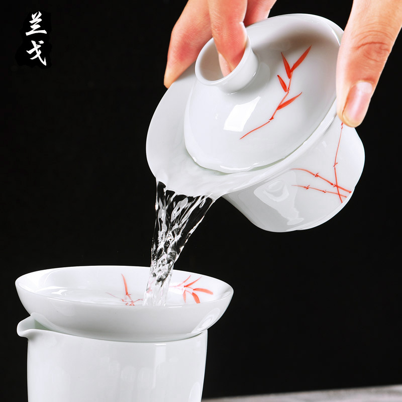 Having dehua white porcelain tureen kung fu tea set large hand - made ceramic bowl is only three bowl to bowl tea cup