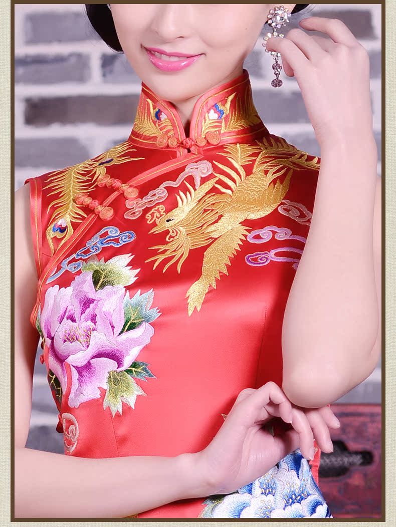 盖世红颜旗袍春夏高档真丝绣花长旗袍裙复古中式婚庆宴会定制礼服