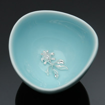 Liga Kiln Li Chia Tulle House Defied Green Porcelain Tasting Cup Pure Silver Inlaid Tea Cup Masters Cup Green Porcelain Trilateral Cup