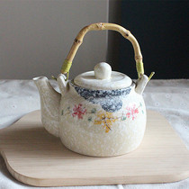Green Maple Leaf ceramic teapot kettle snowflake Korean pot underglaze color hand-painted teapot bamboo rattan handle pot 650ML
