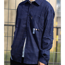 Nobodyknows new Japanese navy blue plaid pattern stitching shirt trend men and women couples loose shirt