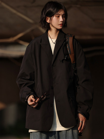 Nobodyknows Japanese simple texture texture suit jacket casual men's black silhouette suit jacket Nobodyknows Japanese simple texture texture suit jacket casual men's black silhouette suit jacket