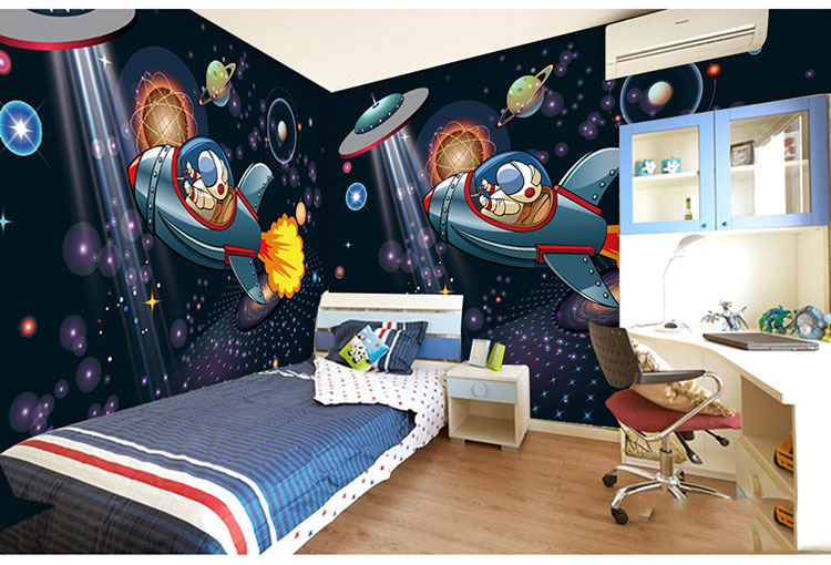 卡通宇宙太空大型壁画飞船宇航员壁纸儿童房幼儿园间背景墙纸墙布
