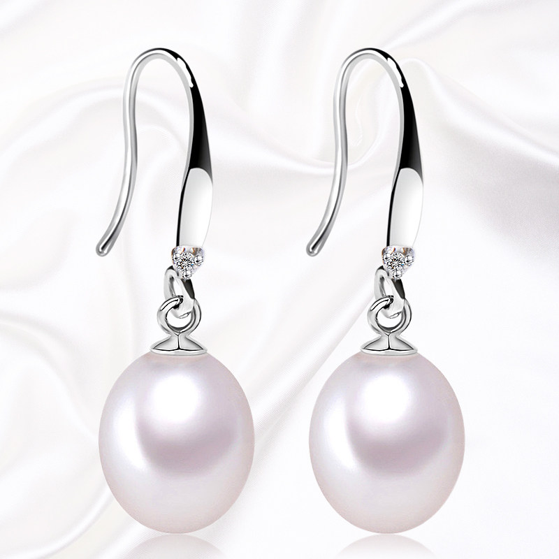 珍珠耳环简约天白色然纯淡水珍珠耳饰品银水滴椭圆形长款耳坠韩国