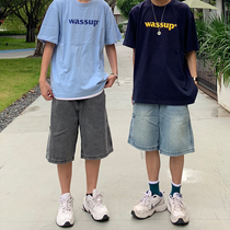 LKOD 2020 spring summer washed Japanese two-color denim shorts men and women couples denim five-point pants clearance