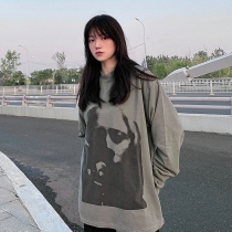 LKSTORE 2GUNS Tide Brand Gunners Print Pullover Sweats Gray Vintage Round Neck Long Sleeve Men and Womens Loose