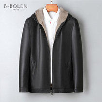 Haining leather head layer calf leather mink inner bladder skin fur one male leather jacket hooded leather overcame jacket winter