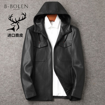2021 Autumn Winter New imported head layer deerskin Haining leather leather men high-grade hooded leather jacket casual jacket