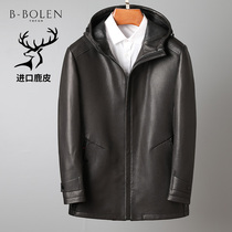 Autumn and winter New deerskin Haining leather men long jacket high-end business casual hooded jacket